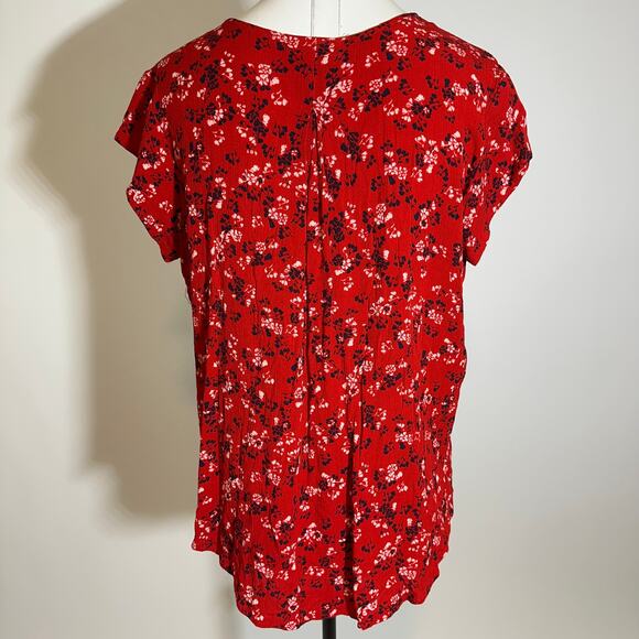 Liz Claiborne Red Floral Short Sleeve Button Up Gauze Blouse Womens Size Large L - Picture 5 of 8